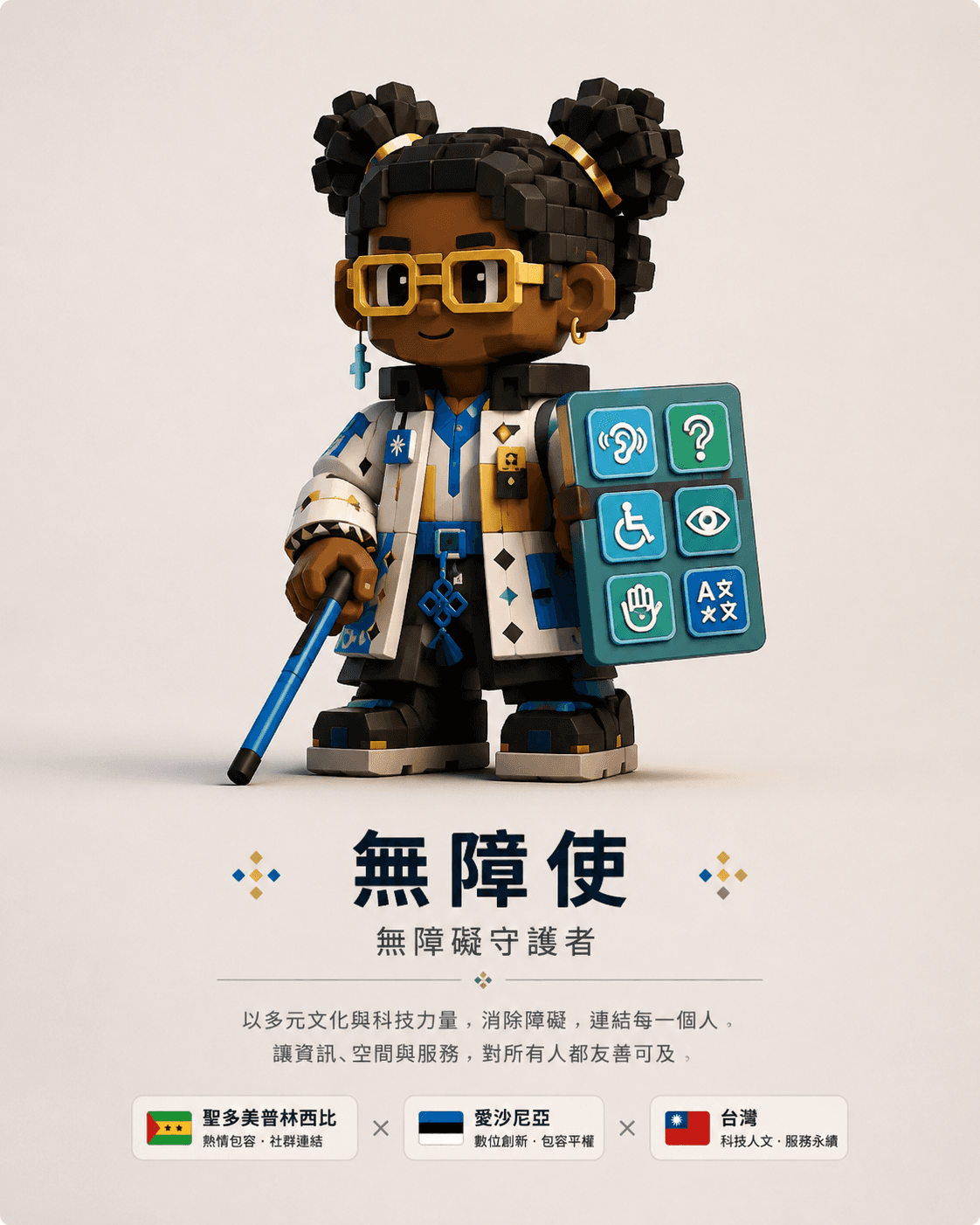 Accessibility Guardian character holding a board of accessibility symbols.