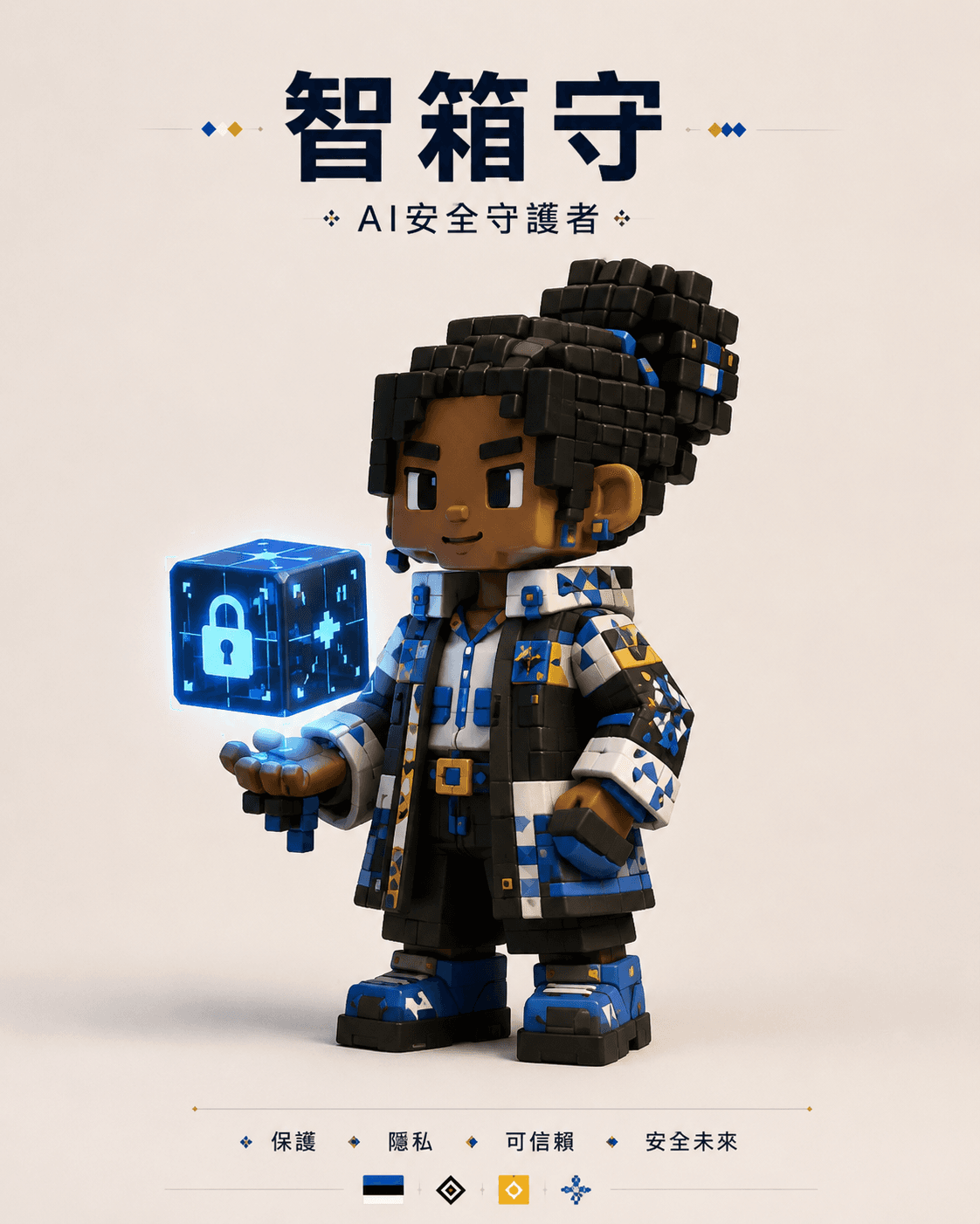 AI Safety Guardian character holding a glowing security cube.