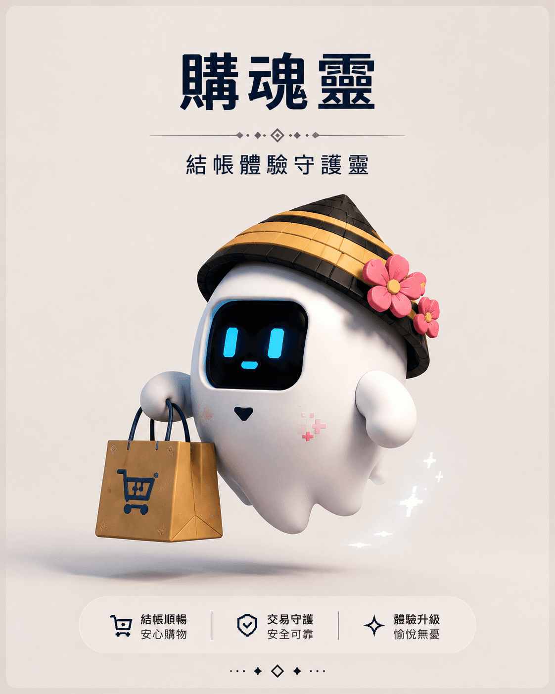 Checkout Spirit character floating with a shopping bag.