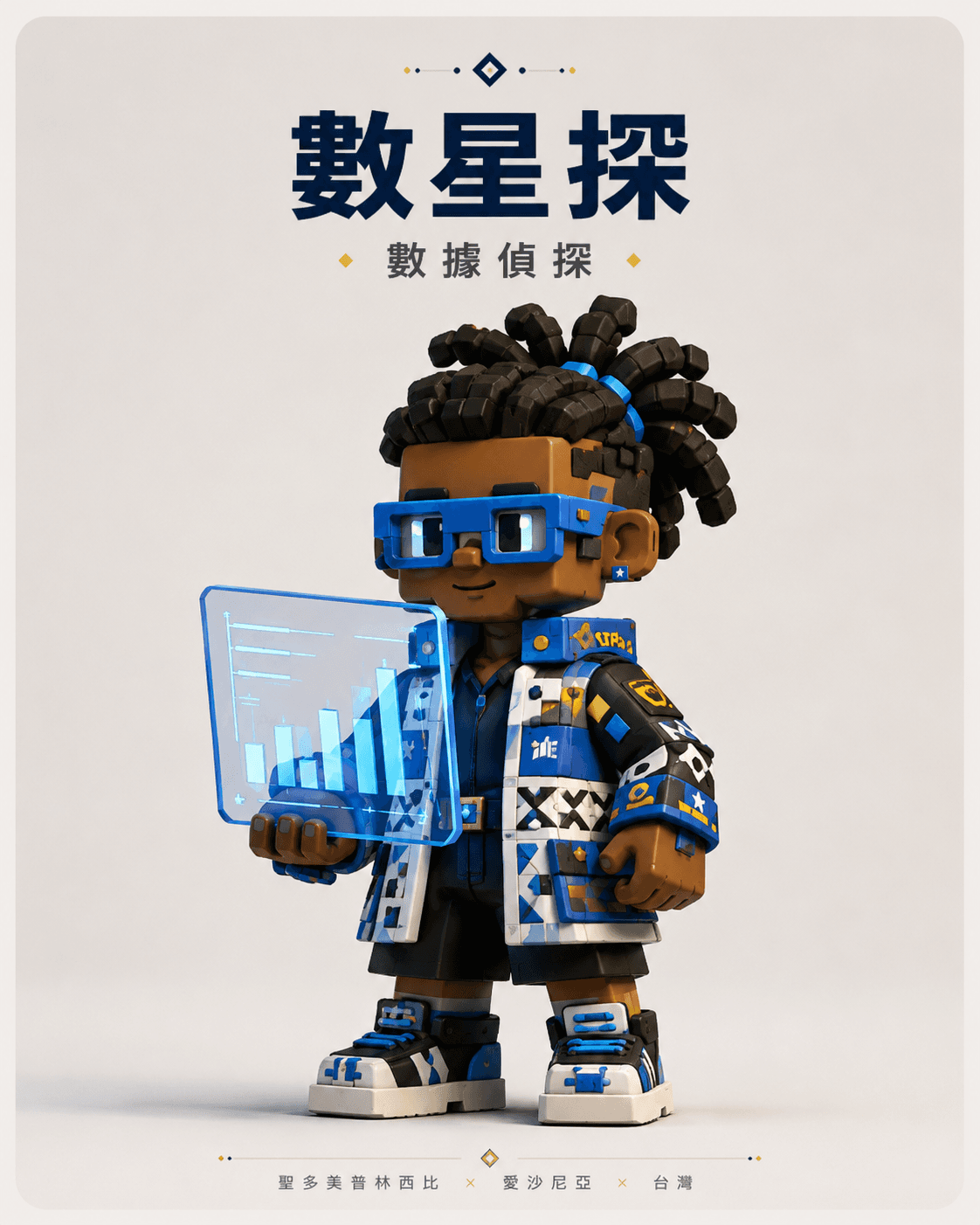 Data Scout character holding a transparent analytics dashboard.