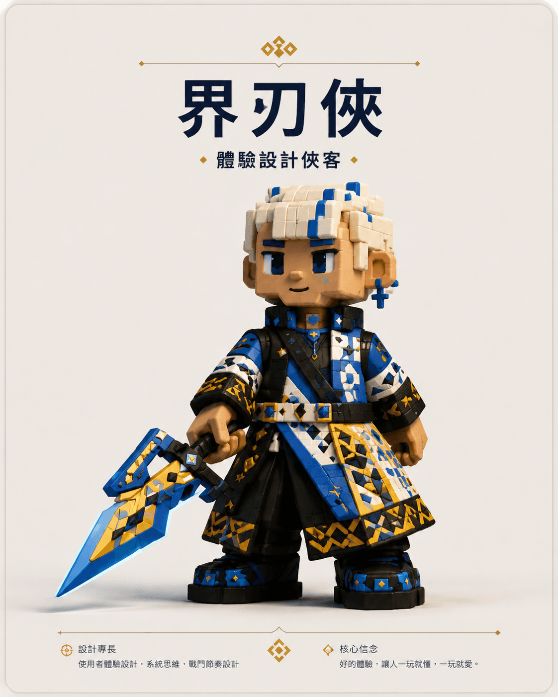 Experience Blade character holding a blue design sword.