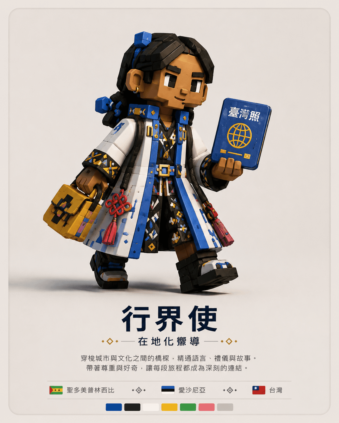 Localization Envoy character holding a Taiwan passport-style guide.