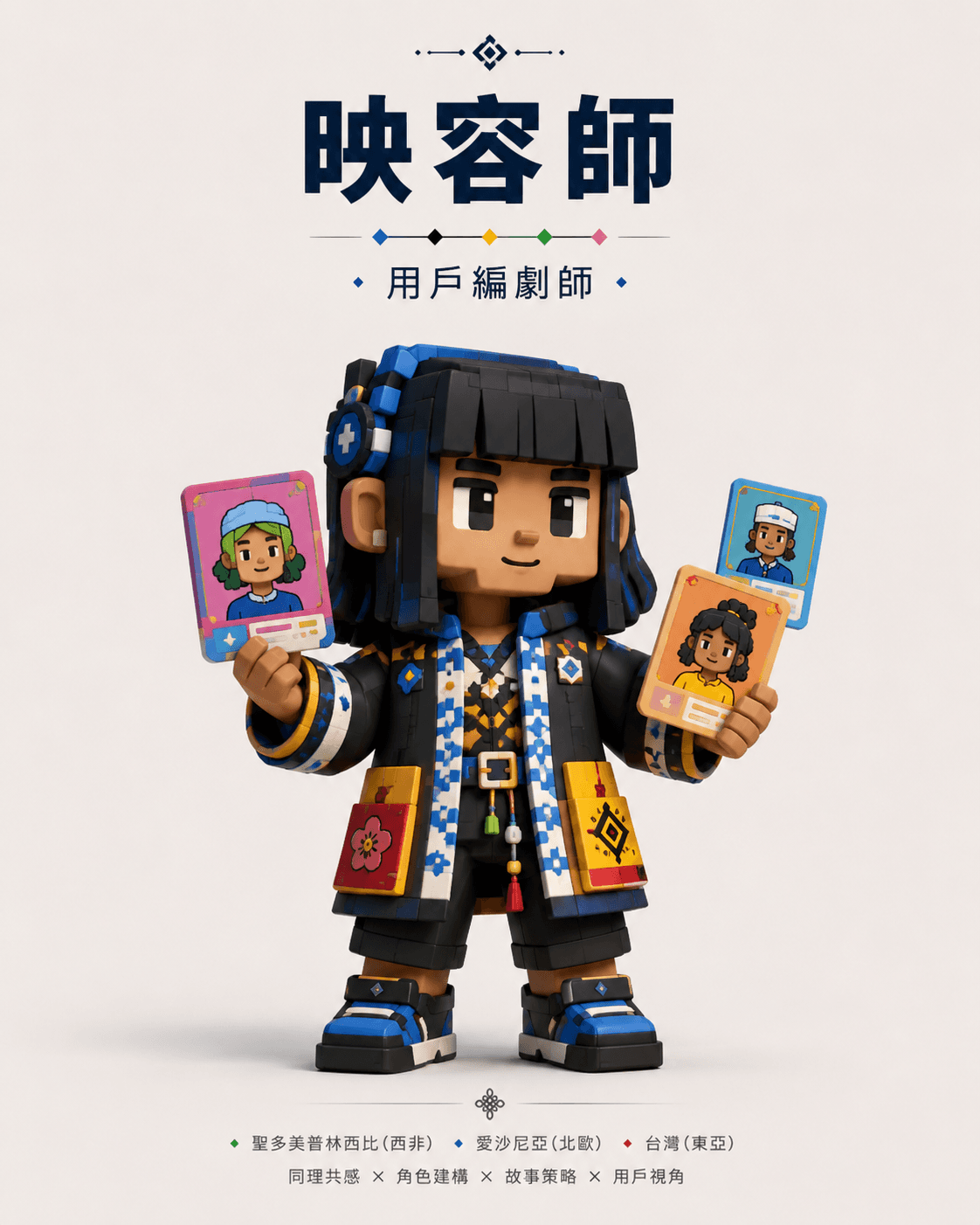Persona Dramaturg character holding illustrated user cards.
