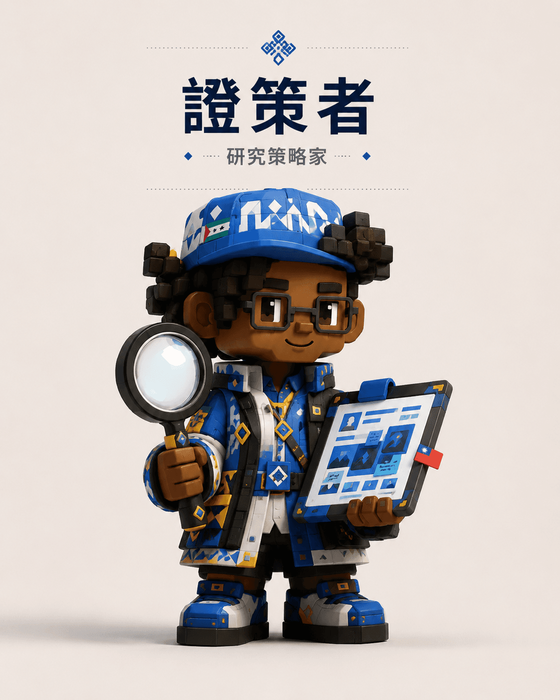 Research Strategist character holding a magnifying glass and tablet.